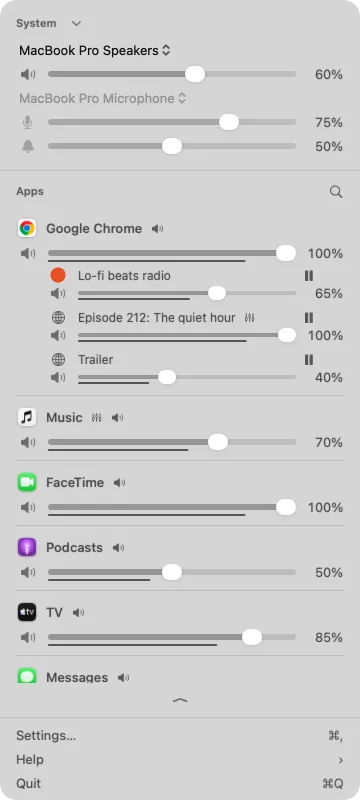 Unsound for Mac panel with Chrome tabs under the browser row