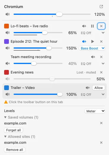 Extension popup with tab volume sliders