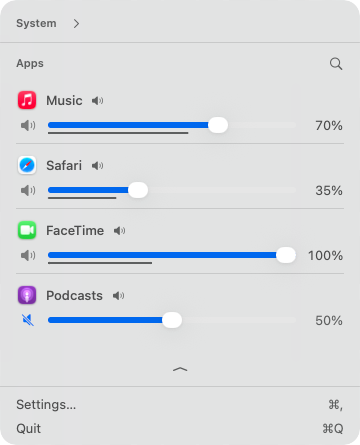 Unsound menu with a volume slider for each app